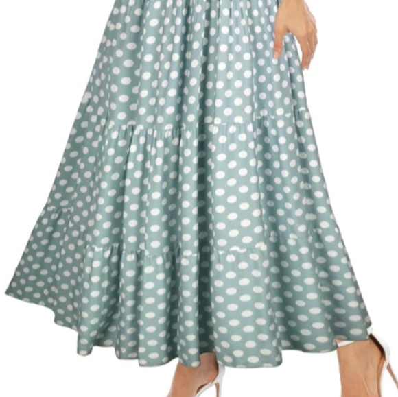 Retro Aqua Mint Polka Dot Dress Pastel Blue Green Tiered Maxi Prairie 50s 60s - Picture 4 of 12